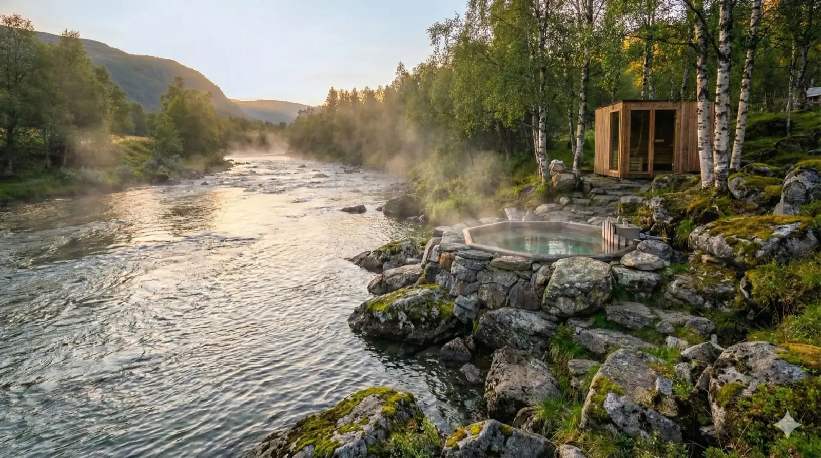 Nordic river with steam, outdoor sauna and hot tub surrounded by birch trees and mountains
